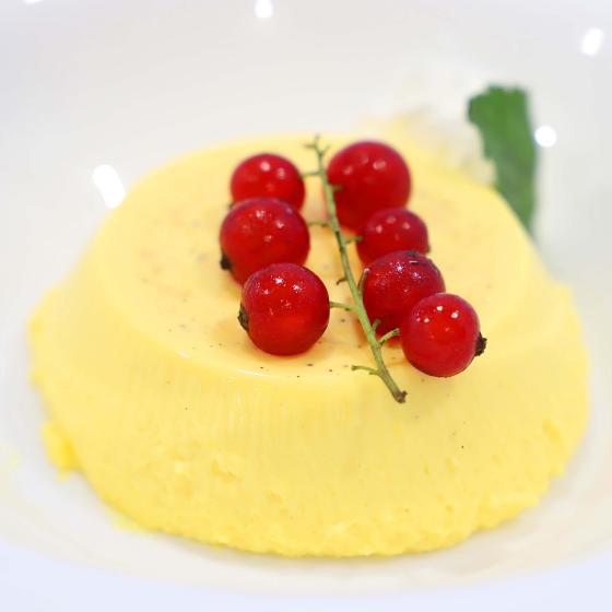 Panna cotta alla vaniglia con ribes rosso, servita su un piatto bianco.